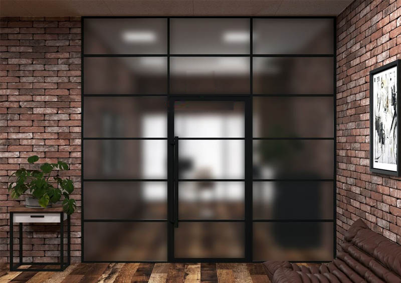 Перегородка в стиле ЛОФТ с матовым стеклом и шпросами (Система Люкс)